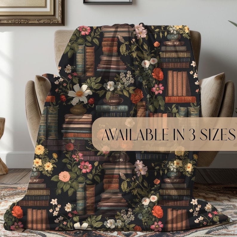 Dark Academia Cozy Reading Blanket Vintage Library Design Plush Velveteen Texture Soft Warm Material Book Pattern Throw Dark Background Style Colorful Book Illustrations Floral Arrangement Details Three Size Options Available Machine Washable