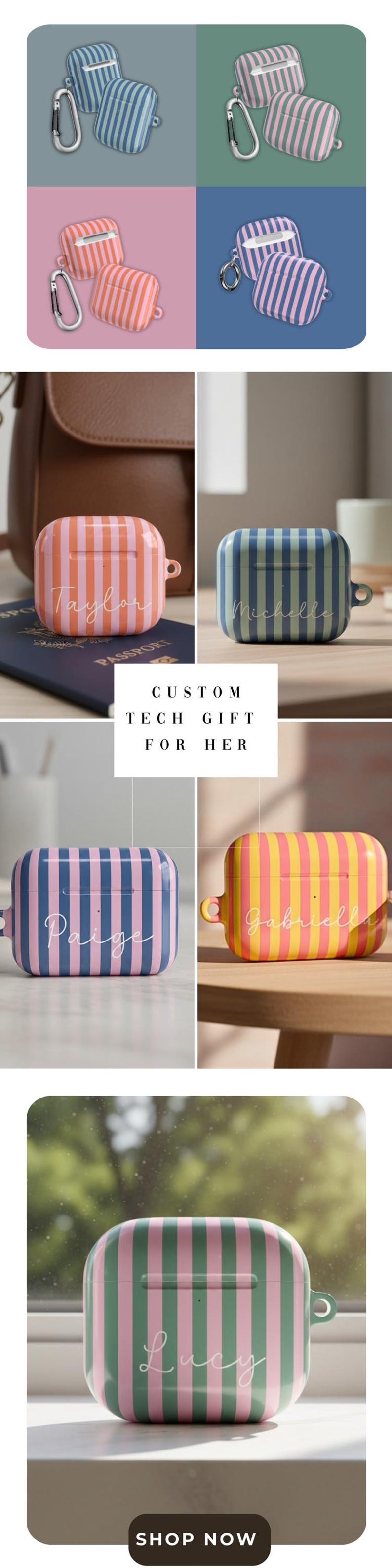 Gestreifte Airpods-Hülle Airpods 4 Hülle Modernes Design Tech Accessoire Geschenke für Teenager Mädchen Adrette Drahtlose Halter Benutzerdefinierter Name Monogramm Geschenk Bild 20