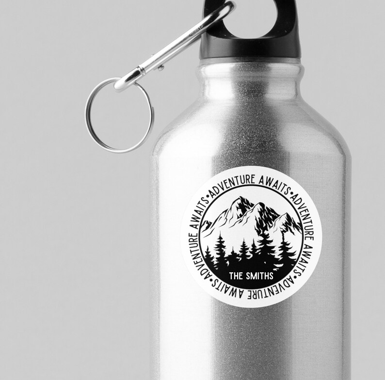 Round Sticker Decal Adventure Awaits Mountain Camping Sticker Custom ...