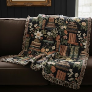 Cottagecore Aesthetic Tapestry Floral Wall Hanging Vintage Library Inspired Design Rose Peony Pattern Dark Background Cotton Textile Fringe Border Detail Antique Book Illustration Literary Theme Room Decoration Bedroom Wall Art Reading