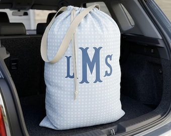 Monogram Laundry Bag College Freshman Dorm Essential Storage Solution Personalized Student Gift Custom Initial Drawstring Sack Gingham Check
