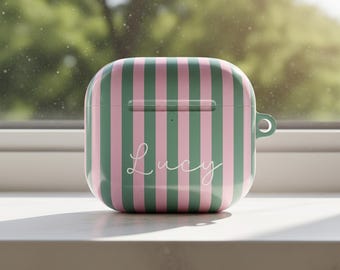 Striped Airpods Case Airpods 4 Case Modern Design Tech Accessory Gifts For Teen Girls Preppy Style Wireless Holder Custom Name Monogram Gift