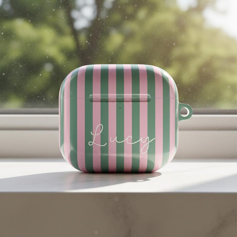 Protective Airpods Cover Hard Shell Case Durable Material Striped Pattern Design Tech Accessory Gift Airpods 4 Compatible Wireless Earbud Holder Custom Monogram Option Preppy Style Aesthetic Teen Girl Present Perfect Birthday Gift