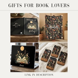 May include: A collection of personalized items for book lovers including a custom book cover with the text Chapter 30 and Riley, a patterned blanket with the name Charlotte, a laptop skin featuring an open book, and four phone cases with floral book designs.