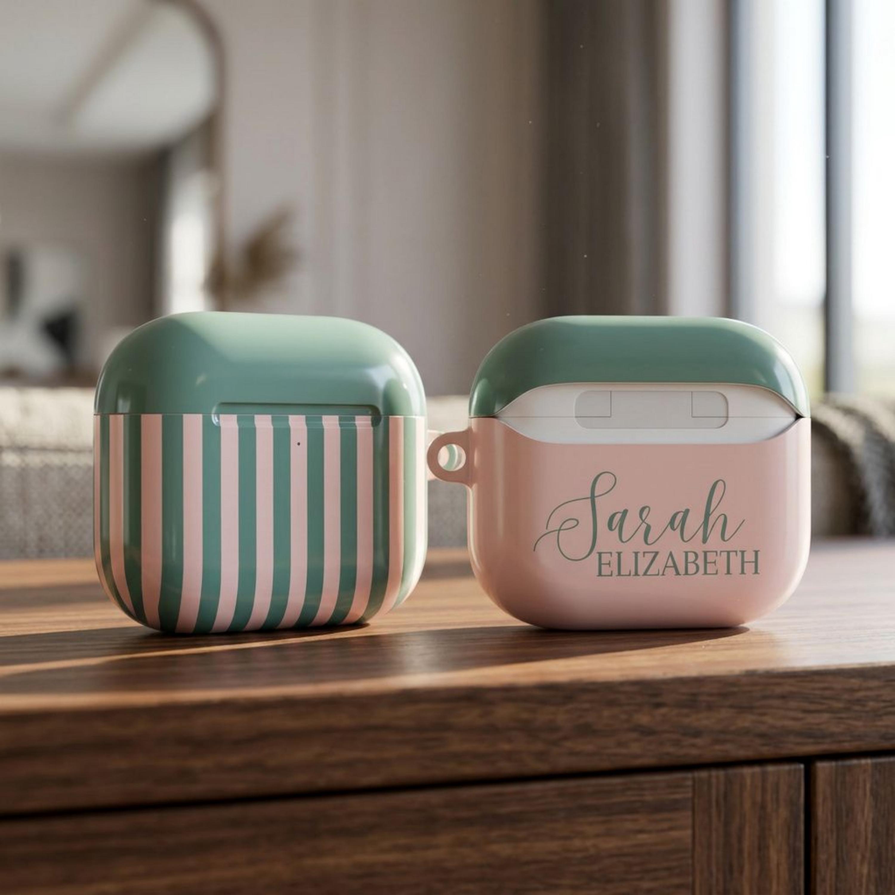 Personalized Airpods Case Custom Name Tech Accessory Birthday Gift Woman Present Girl Gadget Protective Cover Monogram Striped Wireless