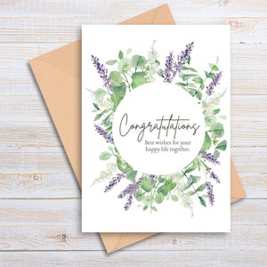 Tarjeta de boda imprimible Tarjeta de felicitación de boda Tarjeta de compromiso con hojas de eucalipto y lavanda Tarjeta plegable de 5 x 7 Descarga digital instantánea