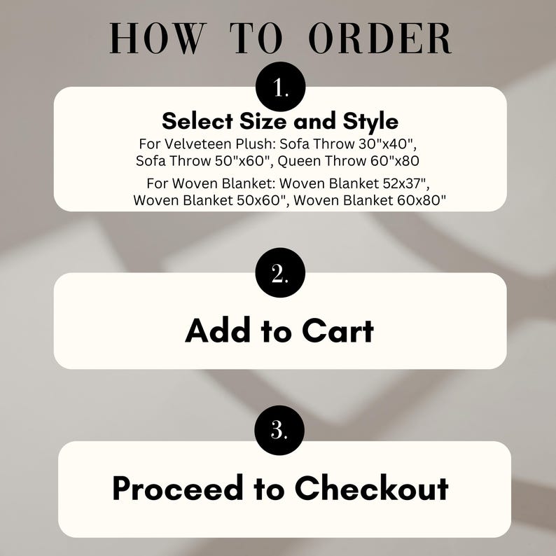 May include: An instructional graphic titled HOW TO ORDER with three steps. Step 1: Select Size and Style for Velveteen Plush (30x40, 50x60, 60x80 inches) or Woven Blanket (52x37, 50x60, 60x80 inches). Step 2: Add to Cart. Step 3: Proceed to Checkout.