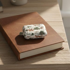 May include: A white and cream-colored case with a horse-themed design rests on a brown leather-bound notebook. The case features a repeating pattern of riders on horseback, trees, and a landscape scene. The case has a small loop on the side.