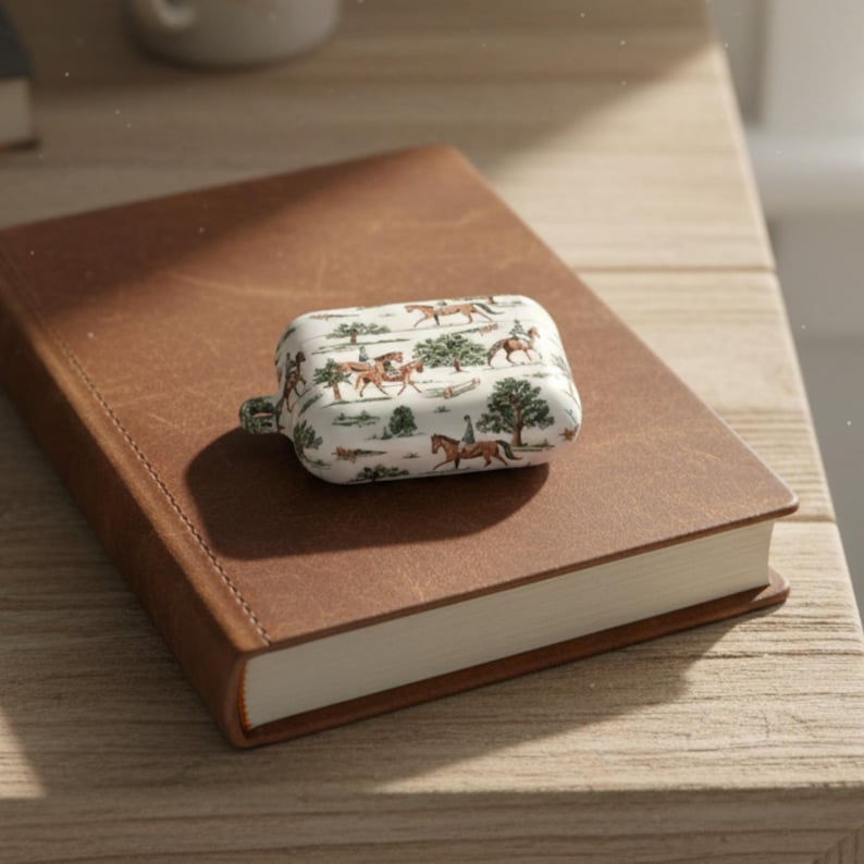 May include: A white and cream-colored case with a horse-themed design rests on a brown leather-bound notebook. The case features a repeating pattern of riders on horseback, trees, and a landscape scene. The case has a small loop on the side.