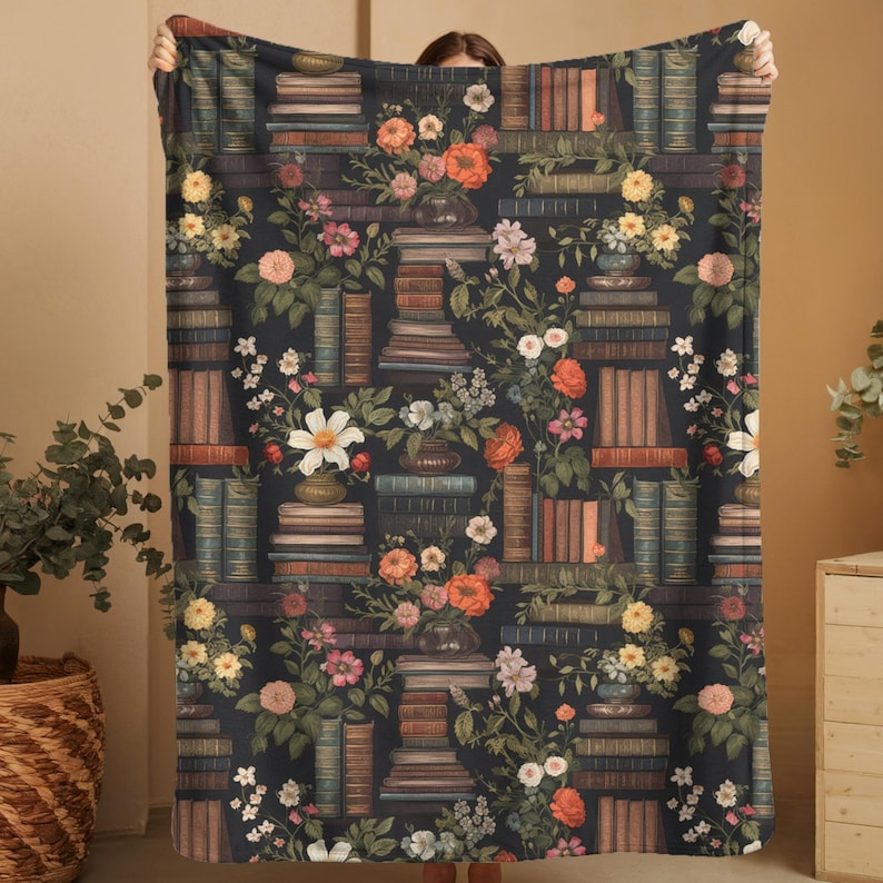 Dark Academia Vintage Library Blanket Book Pattern Throw Cozy Reading Accessory Velveteen Plush Material Dark Background Design Stacked Books Illustration Colorful Floral Accents Multiple Size Options Machine Washable Polyester Book Lover Essential Home