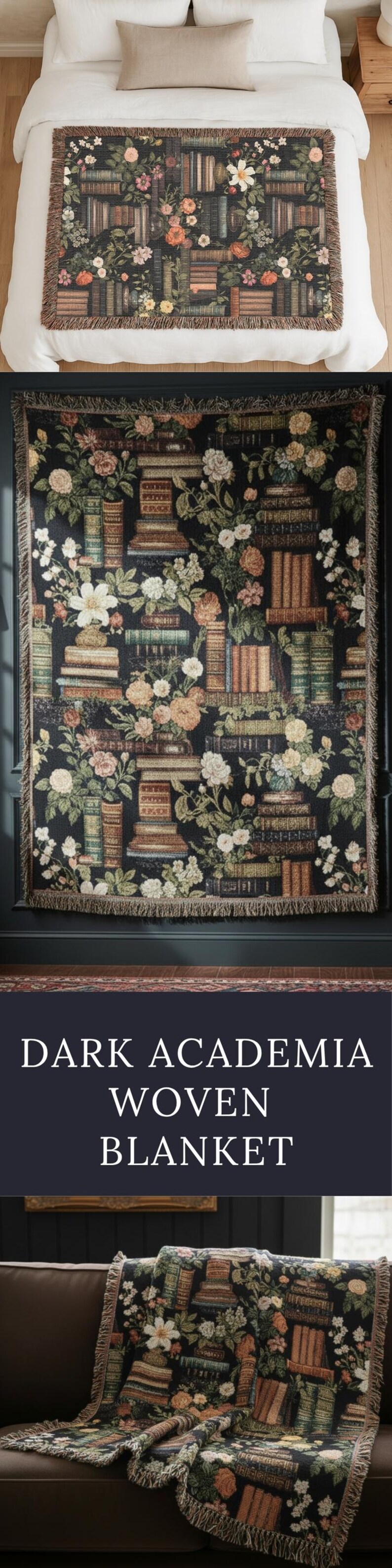 May include: A rectangular woven blanket featuring a dark black background with a repeating pattern of stacked vintage books in various colours interspersed with clusters of white, pink, and orange flowers and green foliage, finished with fringed edges.