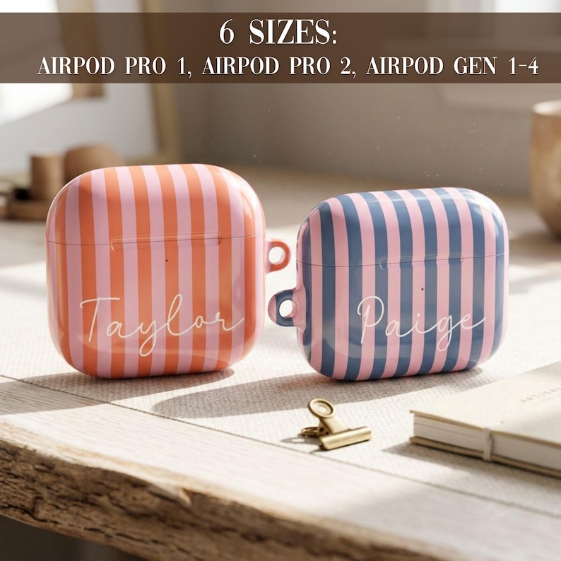 Airpods Pro Gen @Protective Airpods Cover Hard Shell Case Durable Material Striped Pattern Design Tech Accessory Gift Airpods 4 Compatible Wireless Earbud Holder Custom Monogram Option Preppy Style Aesthetic Teen Girl Present Perfect Birthday Gift