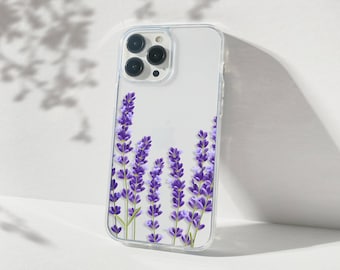 May include: A clear phone case with a lavender floral design. The case has a raised camera bump and a clear back.