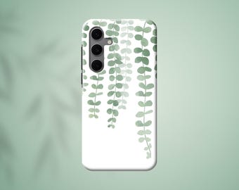 May include: White phone case featuring a watercolor design of hanging green leaves. The case has a smooth finish and a camera module with three lenses. The design is a botanical theme.