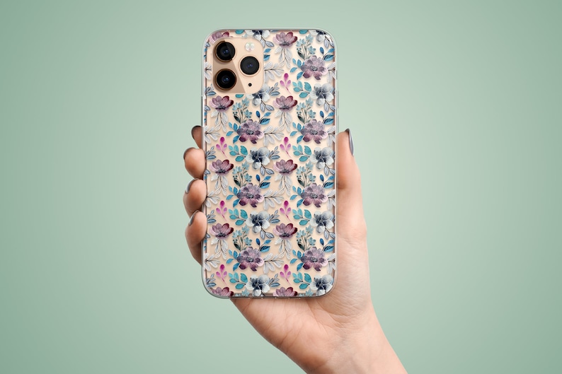 The preview shows a case on a gold iPhone. The case is clear and transparent with blue and purple flowers print.