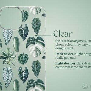 The case is transparent, so your phone color may vary the design result.
Dark devices: light design will really pop out.
Light devices: dark design will create awesome contrast.