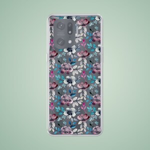 The preview shows a case on a light gray Xiaomi. The case is clear and transparent with blue and purple flowers print.