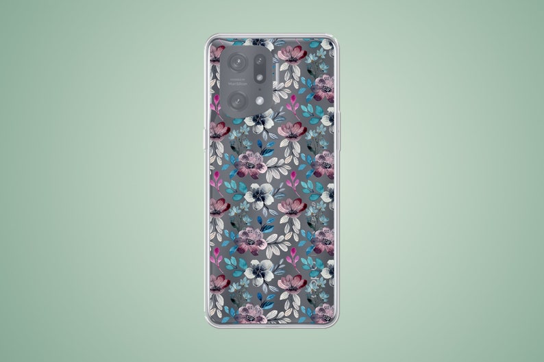 The preview shows a case on a light gray Xiaomi. The case is clear and transparent with blue and purple flowers print.