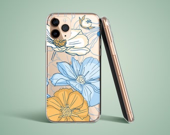 May include: A clear phone case with a floral design. The case features blue, yellow, and white flowers on a light brown background. The case is designed for an iPhone with a triple lens camera.