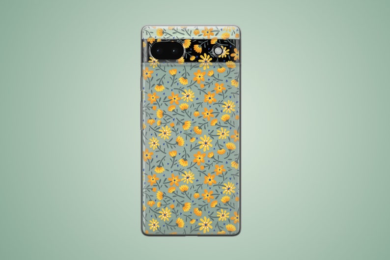 The preview shows a case on a green Google Pixel. The case is clear and transparent with small yellow flowers and green stems.