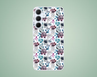 May include: A clear phone case with a floral pattern. The flowers are in shades of pink, blue, and gray. The case has a cutout for the camera lens.