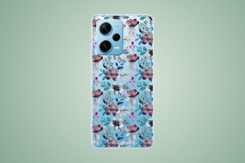 The preview shows a case on a light blue RedMi. The case is clear and transparent with blue and purple flowers print.