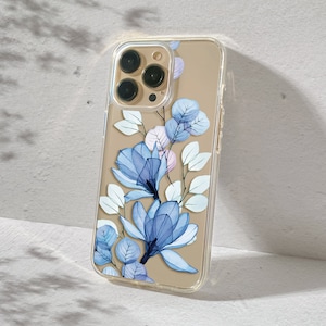 Flower case for iPhone 16 13 pro 15 plus 14 12 11, elegant blue plant phone cover for Apple Xr SE 2022 X 8 plus 7 6s