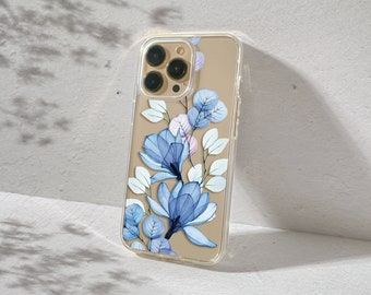 Flower case for iPhone 16 13 pro 15 plus 14 12 11, elegant blue plant phone cover for Apple Xr SE 2022 X 8 plus 7 6s