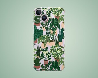 Könnte beinhalten: Eine transparente Handyhülle mit einem Muster aus grünen Pflanzen in Töpfen. Die Hülle hat einen Ausschnitt für die Kamera.