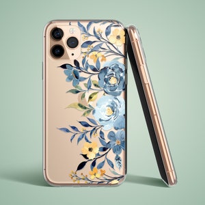 The preview shows a case on a gold iPhone. The case is clear and transparent with flowers and leaves print.