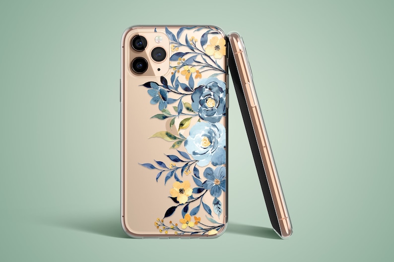 The preview shows a case on a gold iPhone. The case is clear and transparent with flowers and leaves print.