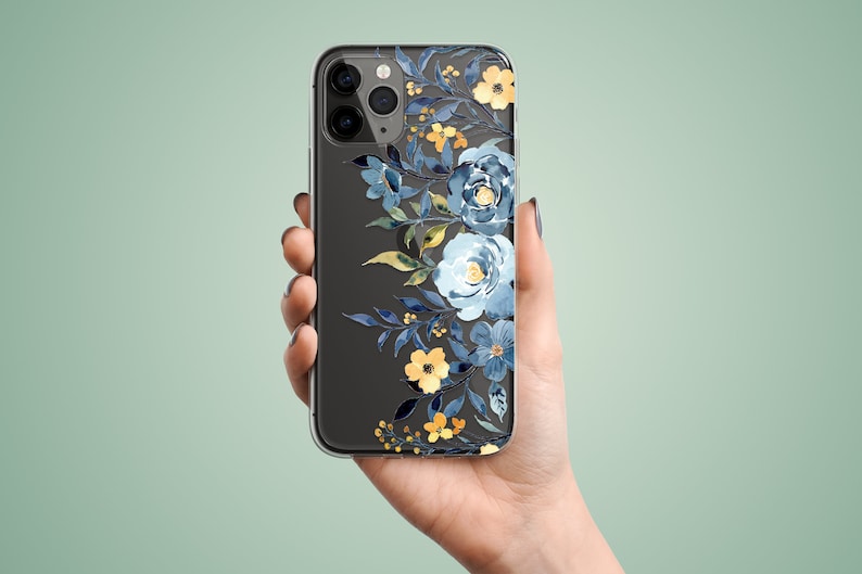 Clear phone case with an illustrated flowers composition. The leaves and the flowers are in the shades of blue and yellow. The preview shows the case on a black iPhone device.