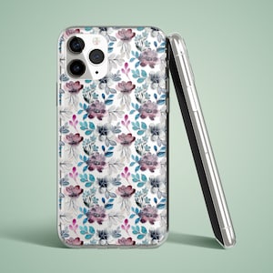 The preview shows a case on a white iPhone. The case is clear and transparent with blue and purple flowers print.