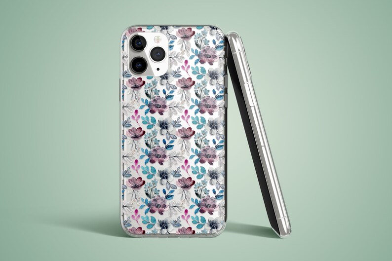 The preview shows a case on a white iPhone. The case is clear and transparent with blue and purple flowers print.