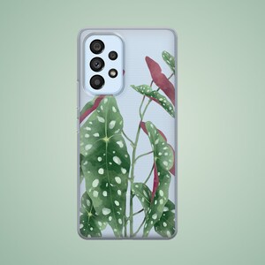 The preview shows a case on a light blue Samsung. The case is clear and transparent with begonia polka dot print.
