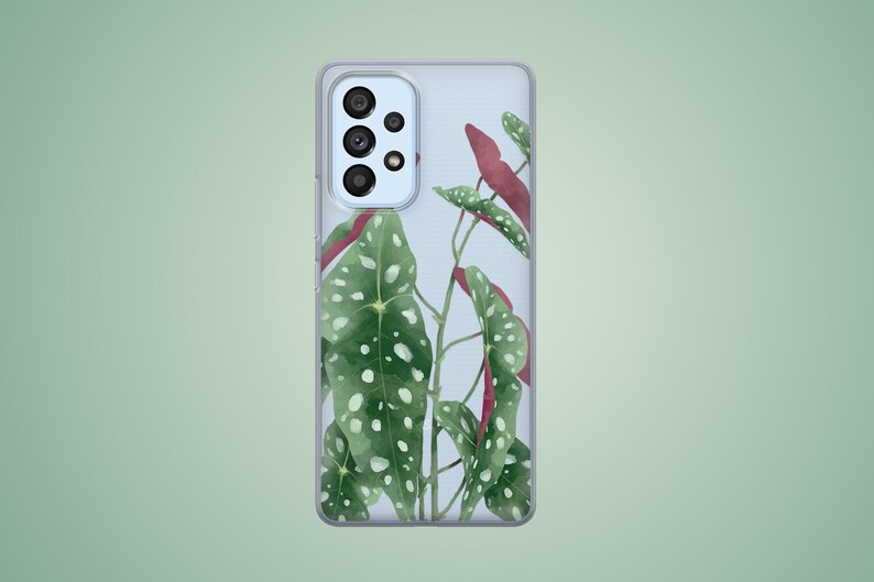 The preview shows a case on a light blue Samsung. The case is clear and transparent with begonia polka dot print.