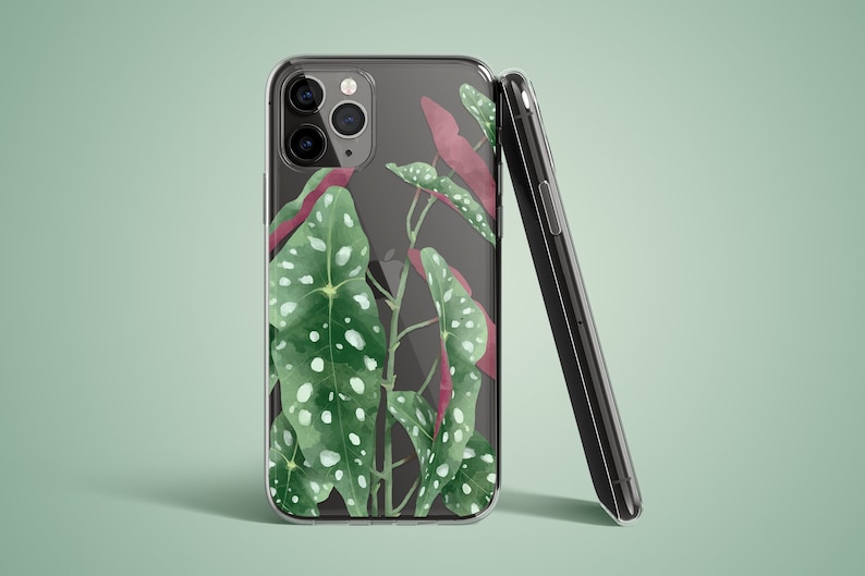 Clear phone case with an illustrated begonia polka dot. The begonia leaves are green on top and burgundy on the bottom.  The preview shows the case on a black iPhone device.