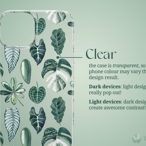 The case is transparent, so your phone color may vary the design result.
Dark devices: light design will really pop out.
Light devices: dark design will create awesome contrast.