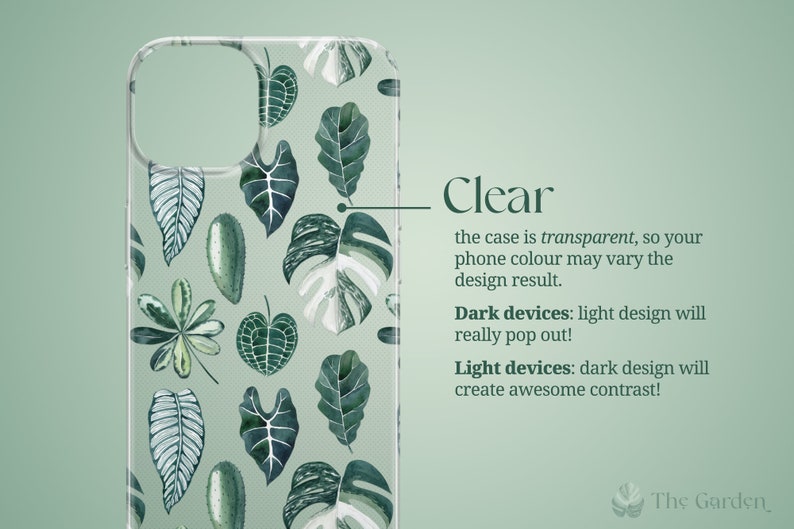The case is transparent, so your phone color may vary the design result.
Dark devices: light design will really pop out.
Light devices: dark design will create awesome contrast.