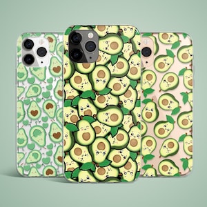 May include: Three phone cases with avocado designs. The cases feature different patterns: one with avocado halves and hearts, another with a repeating pattern of smiling avocados, and a third with avocado halves and leaves.