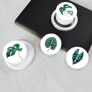 Può includere: Quattro diversi popsocket per telefono con disegni di foglie verdi. I disegni includono una foglia di monstera, una foglia di filodendro, una foglia di monstera con venature bianche e una foglia a forma di cuore.