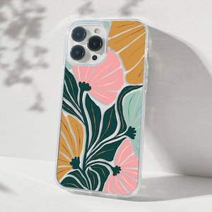 Può includere: Una custodia per telefono trasparente con un design floreale. I fiori sono rosa, arancioni e verdi. La custodia è progettata per un iPhone.