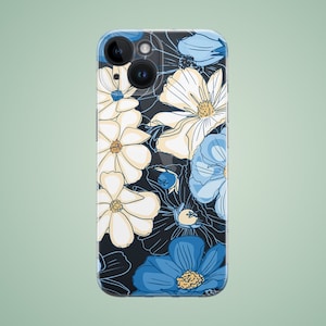 Floral case for iPhone 16 pro 15 plus 14 13 mini 12 11, blue white flower phone cover for Apple 8 7 6 5 Xr Xs X SE