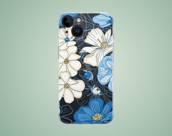 Floral case for iPhone 16 pro 15 plus 14 13 mini 12 11, blue white flower phone cover for Apple 8 7 6 5 Xr Xs X SE