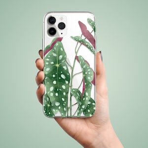 The preview shows a case on a silver iPhone. The case is clear and transparent with begonia polka dot print.