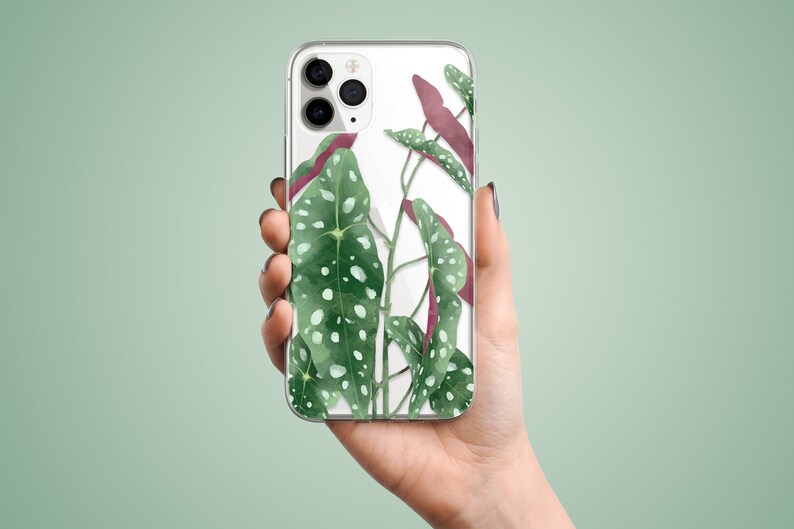 The preview shows a case on a silver iPhone. The case is clear and transparent with begonia polka dot print.