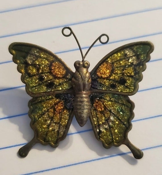 1970s Vintage Brass Glitter Enamel Butterfly Broo… - image 1