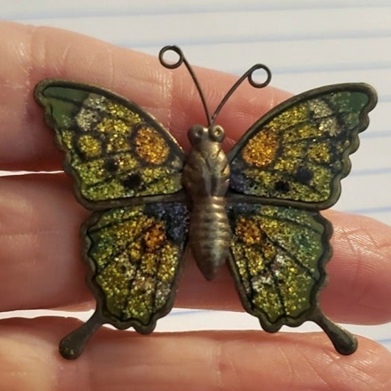 1970s Vintage Brass Glitter Enamel Butterfly Broo… - image 3