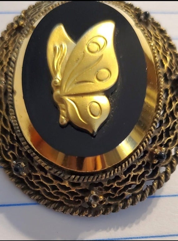 Vintage Unusual Black Glass Cameo Gold Butterfly … - image 1