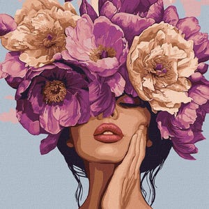 Peony painting on canvas Flowers on head FRAMED girl art Coloring by numbers for adults Diy Paint hand made gift Wall picture Handmade decor